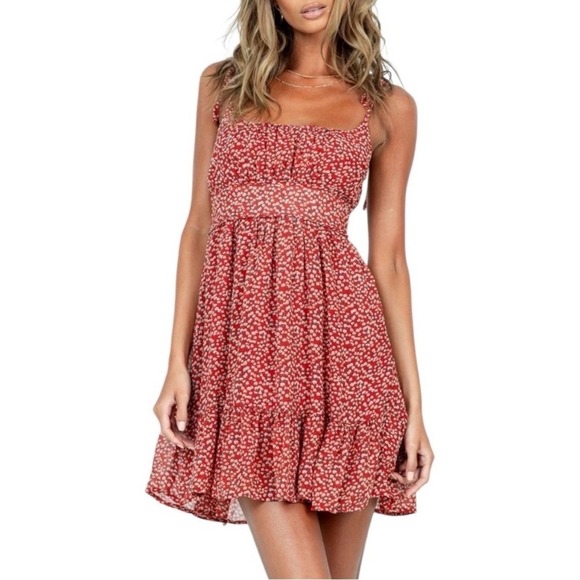 Princess Polly Dresses & Skirts - Princess Polly Red Floral Smocked Mini Dress Adjustable‎ Tie Shoulder Beach Vibe